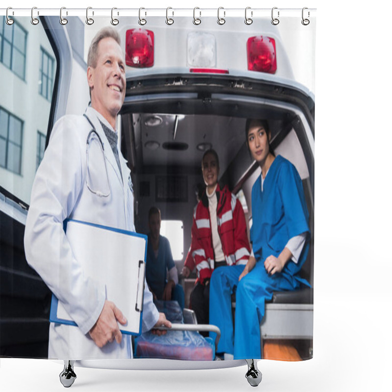 Personality  Smiling Paramedics Working Team With Ambulance Shower Curtains