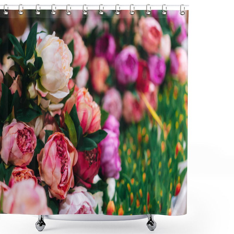 Personality  Lot Of Peonies, Close Up. Beautiful Flower For Any Holiday. Lots Of Pretty And Romantic Flowers In Floral Shop. Shower Curtains