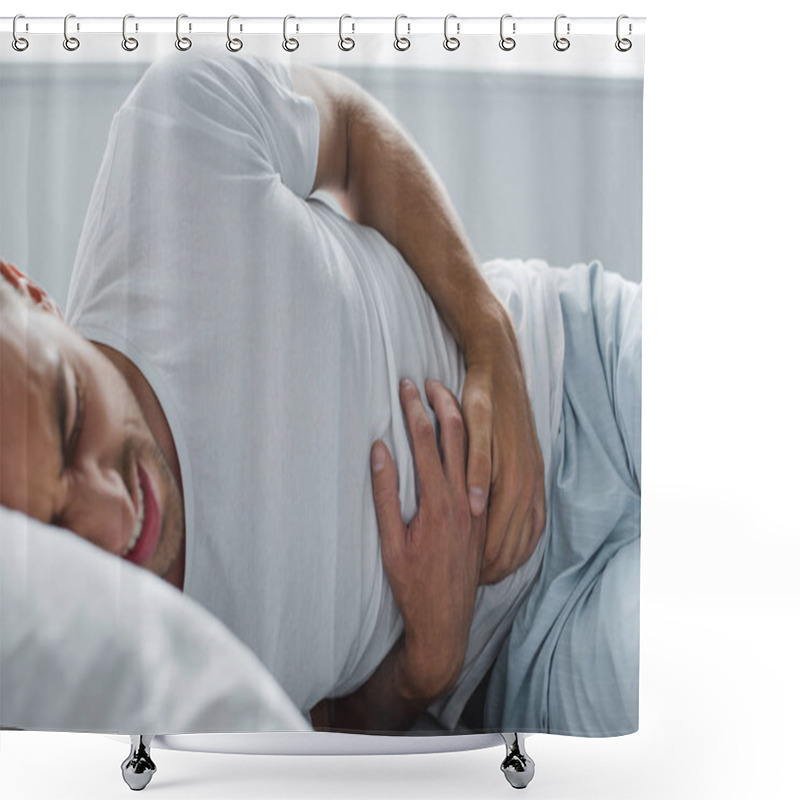 Personality  Cropped Shot Of Man Suffering From Stomach Pain In Bed Shower Curtains