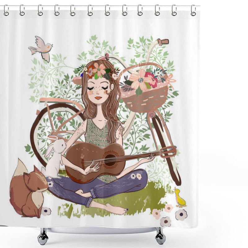 Personality  Cartoon Young Woman With Guitar And Bicycle Shower Curtains