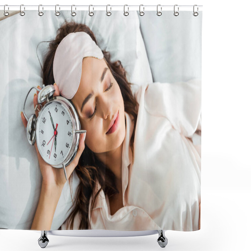 Personality  Top View Of Attractive Woman With Sleeping Mask Holding Alarm Clock At Morning  Shower Curtains