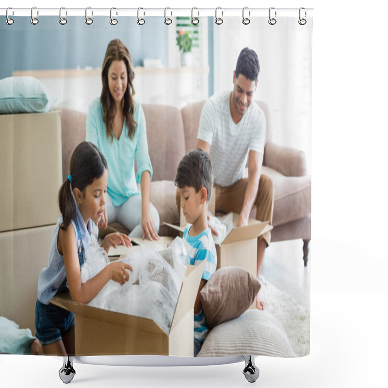 Personality  Parents And Kids Unpacking Carton Boxes In Living Room Shower Curtains