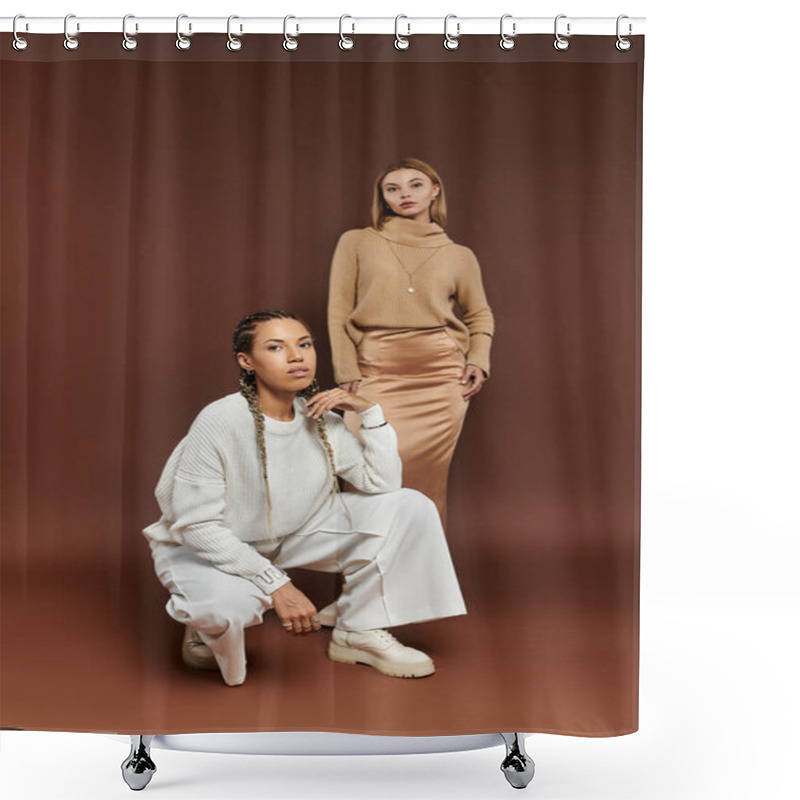 Personality  A Young Couple Embraces The Autumn Season In Stylish, Comfortable Clothing, Radiating Joy. Shower Curtains