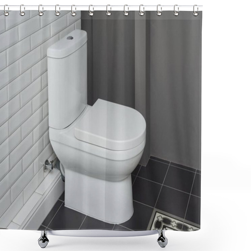 Personality  White Ceramic Toilet Bowl In The Bathroom Interior Close-up. Shower Curtains