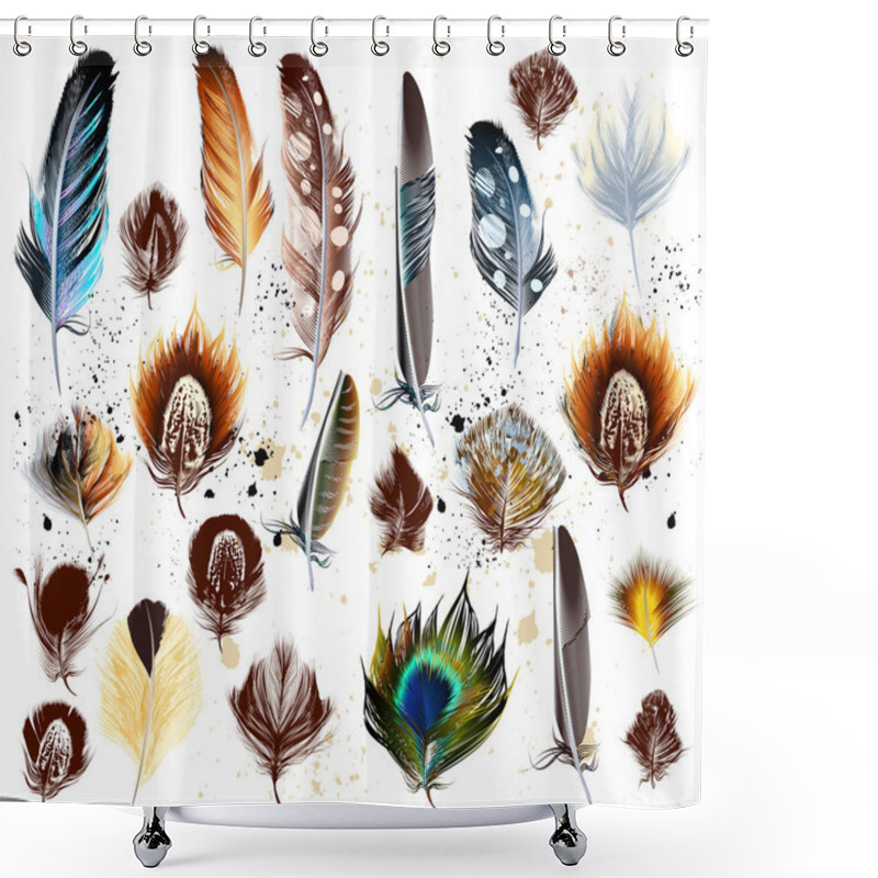 Personality  Big Set Of Detailed Bird Feathers In Realistic And Engraved Styl Shower Curtains