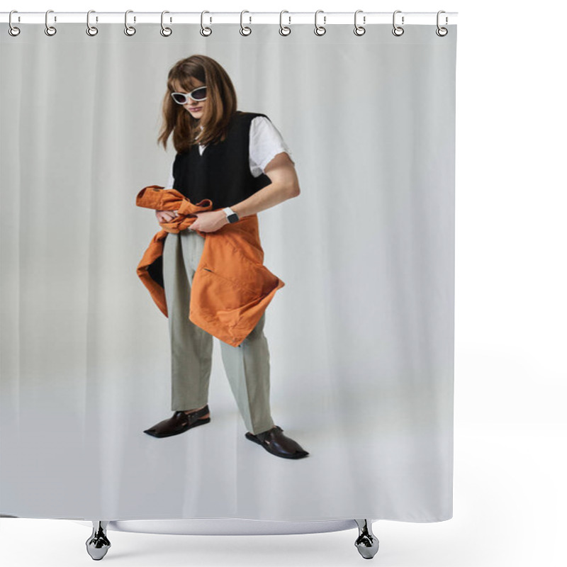 Personality  A Fashionable Young Man Poses Confidently In Stylish Attire, Preparing For An Engaging Photoshoot. Shower Curtains