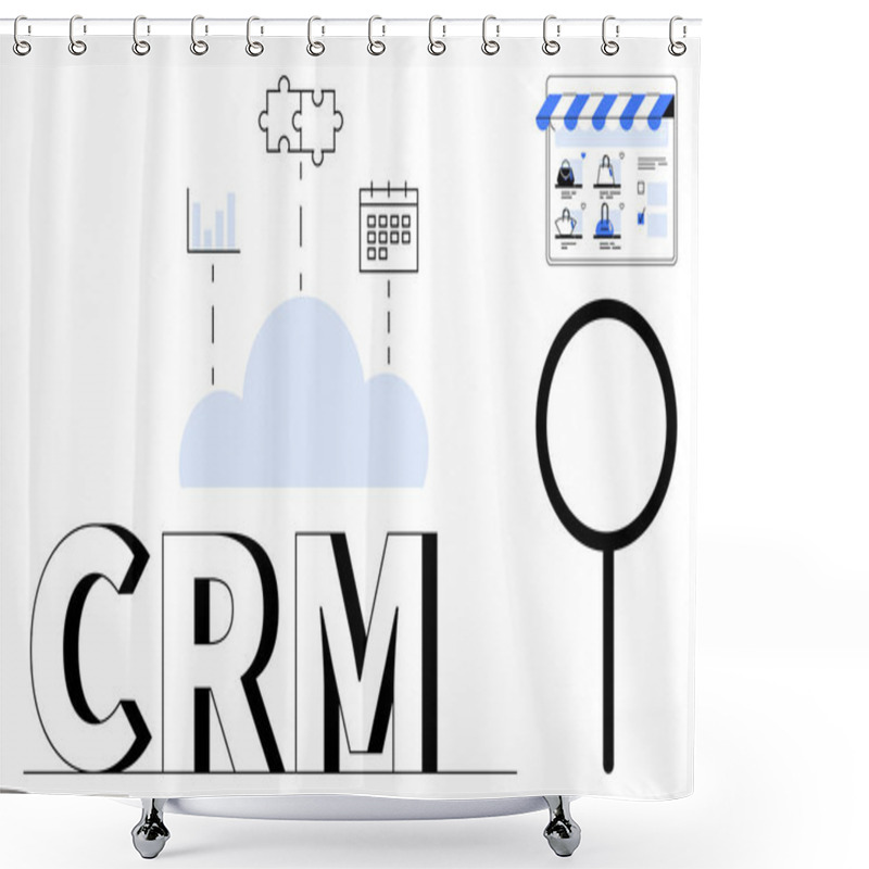 Personality  CRM Letters Connected To Cloud, Graph, Puzzle Pieces, Calendar, And E-commerce Store. Ideal For CRM Systems, Data Analysis, Cloud Storage, Business Planning Team Collaboration E-commerce Digital Shower Curtains