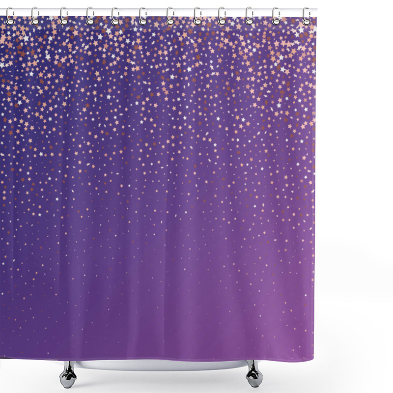 Personality  Star Sequin Confetti On Neon Purple Background. Vector Gold Glitter. Falling Particles On Floor. Christmas Party Frame. Isolated Flat Birthday Card. Golden Stars Banner. Voucher Gift Card Template. Shower Curtains