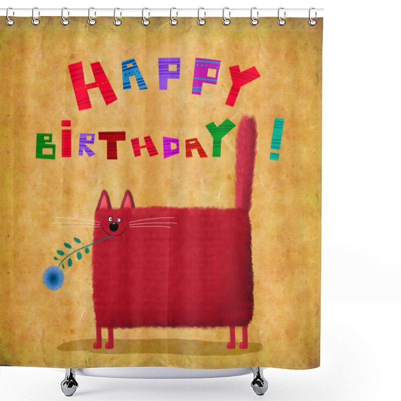 Personality  Happy Birthday Card Red Square Cat  Shower Curtains