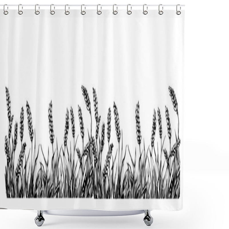 Personality  Wheat Border Village Landscape Vector. Fields With Harvest Shower Curtains