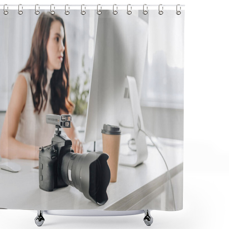 Personality  Selective Focus Of Digital Camera Near Attractive Art Editor In Studio  Shower Curtains