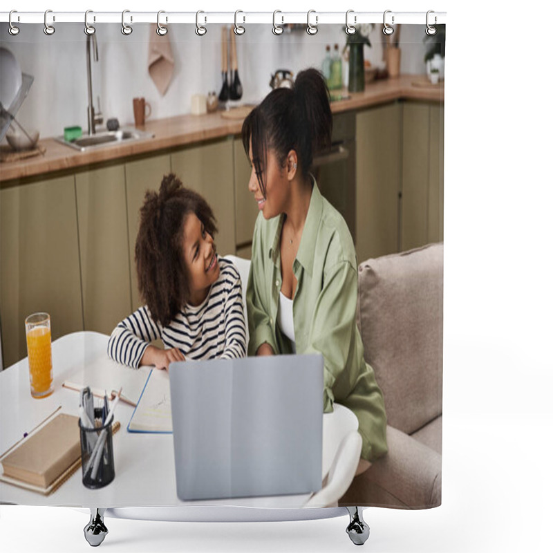 Personality  Mother And Daughter Share A Joyful Study Time At Their Kitchen Table Filled With Creativity. Shower Curtains