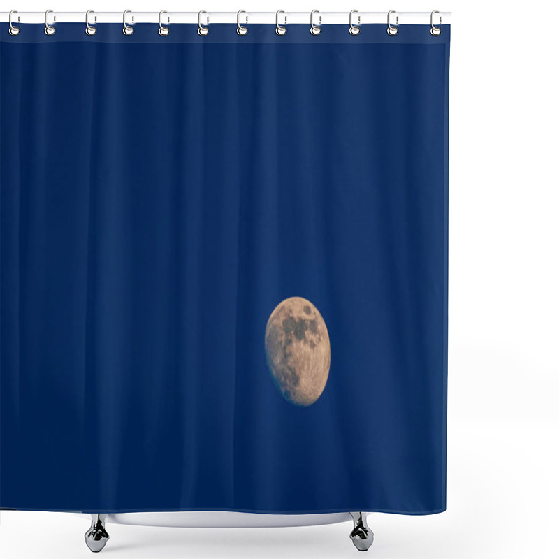 Personality  A Detailed Waxing Gibbous Moon Is Set Against A Deep Blue Sky. The Craters And Surface Textures Are Clearly Visible, Creating A Serene And Captivating Celestial Scene. Copy Space Included. Shower Curtains