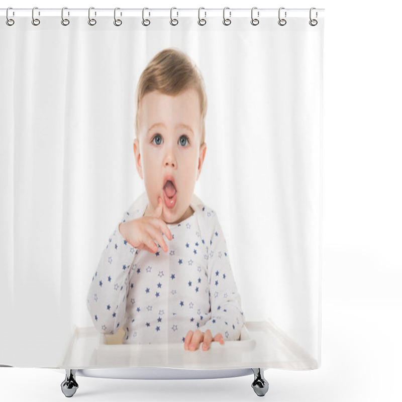 Personality  Adorable Little Boy Sitting In Highchair Isolated On White Background  Shower Curtains