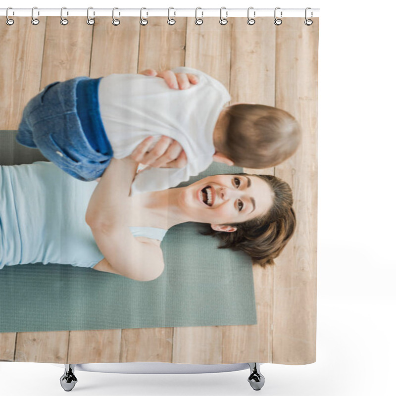 Personality  Happy Woman Playing With Her Son  Shower Curtains