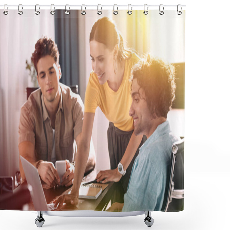 Personality  Smiling Businesswoman Using Laptop While Two Businessmen Watching At Screen In Modern Office  Shower Curtains