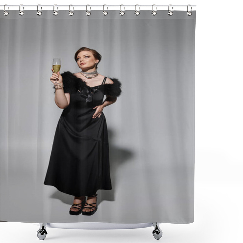 Personality  A Stylish Young Woman Toasts With A Champagne Glass While Wearing A Stunning Black Dress. Shower Curtains