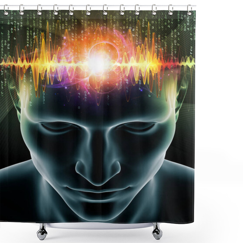 Personality  Mind Waves Series. Abstract Design Made Of 3D Illustration Of Human Head And Technology Symbols On The Subject Of Consciousness, Brain, Intellect And Artificial Intelligence Shower Curtains