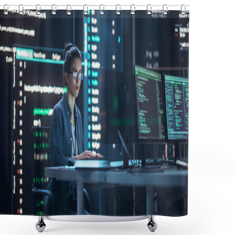 Personality  Female Programmer Working In Monitoring Control Room, Surrounded By Big Screens Displaying Lines Of Programming Language Code. Portrait Of Woman Shower Curtains