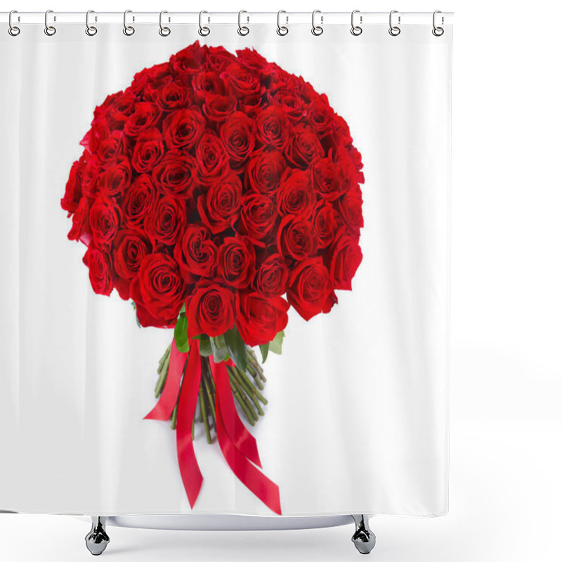 Personality  Huge Red Roses Bouquet Isolated On White Background.  Luxury Bouquet Of One Hundred Dark Ruby Roses For Valentines Day. Celebration Of Engagement Or Wedding Shower Curtains