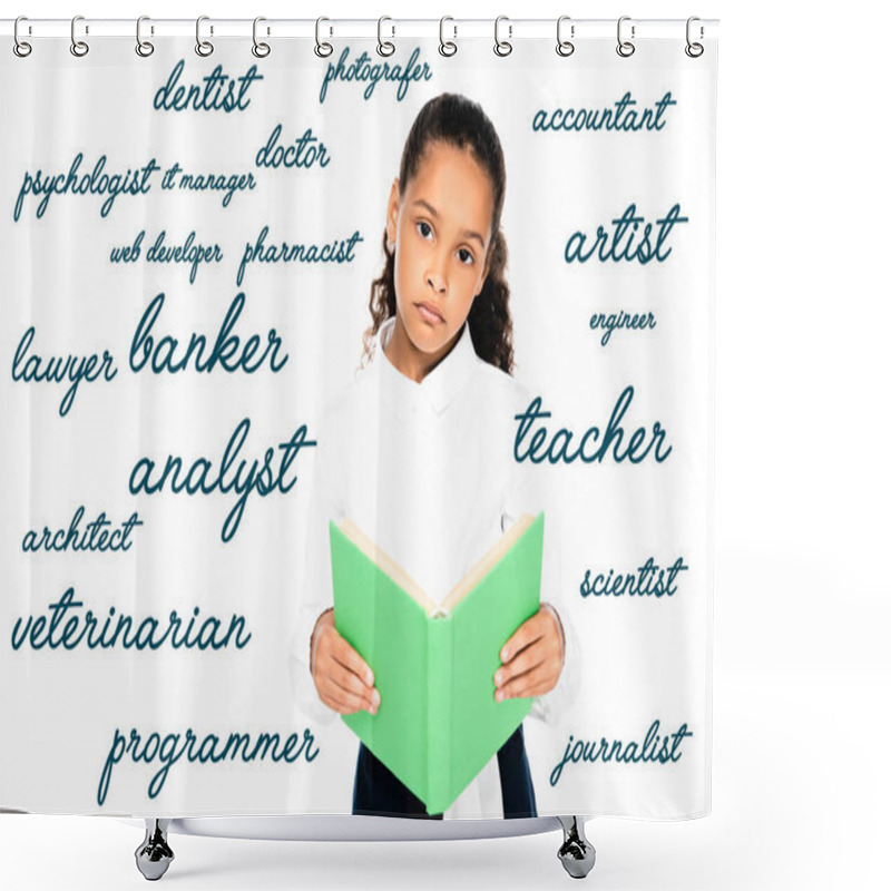 Personality  Upset African American Schoolgirl Looking At Camera While Holding Book Isolated On White With Various Professions Illustration Shower Curtains