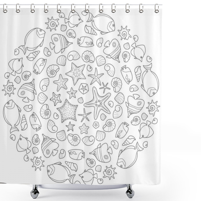 Personality  Sea Mandala With Fish And Starfish Black And White Vector Illustration Shower Curtains