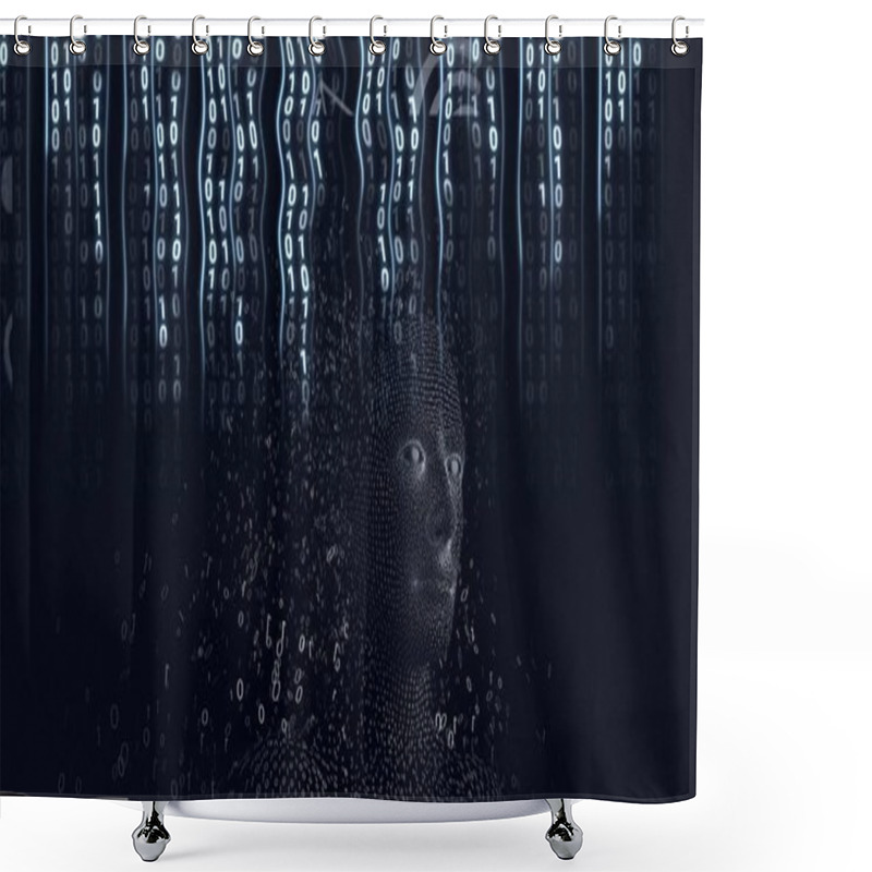 Personality  Composition Of Binary Coding And Exploding Human Bust. Global Technology, Data Processing And Connections Concept Digitally Generated Image. Shower Curtains