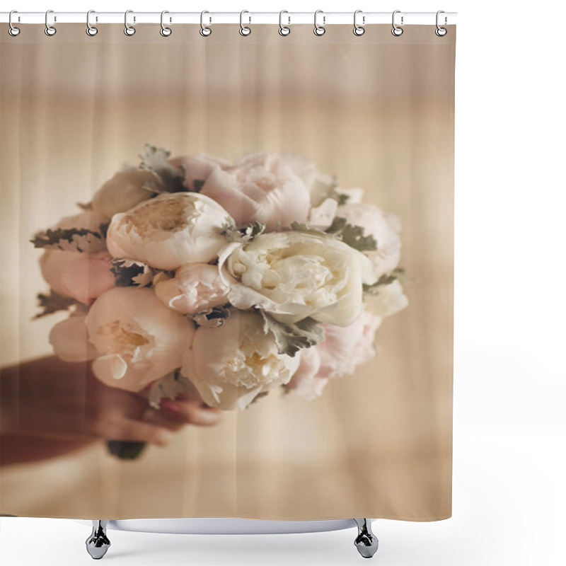 Personality  Bride Bouquet Of Wedding Flowers White Peony Shower Curtains