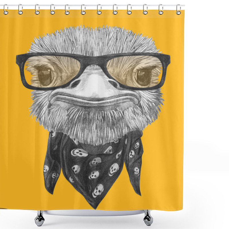 Personality  Funny Sketch Portrait Of Ostrich In Hipster Glasses And Bandana With Skulls On Yellow Shower Curtains