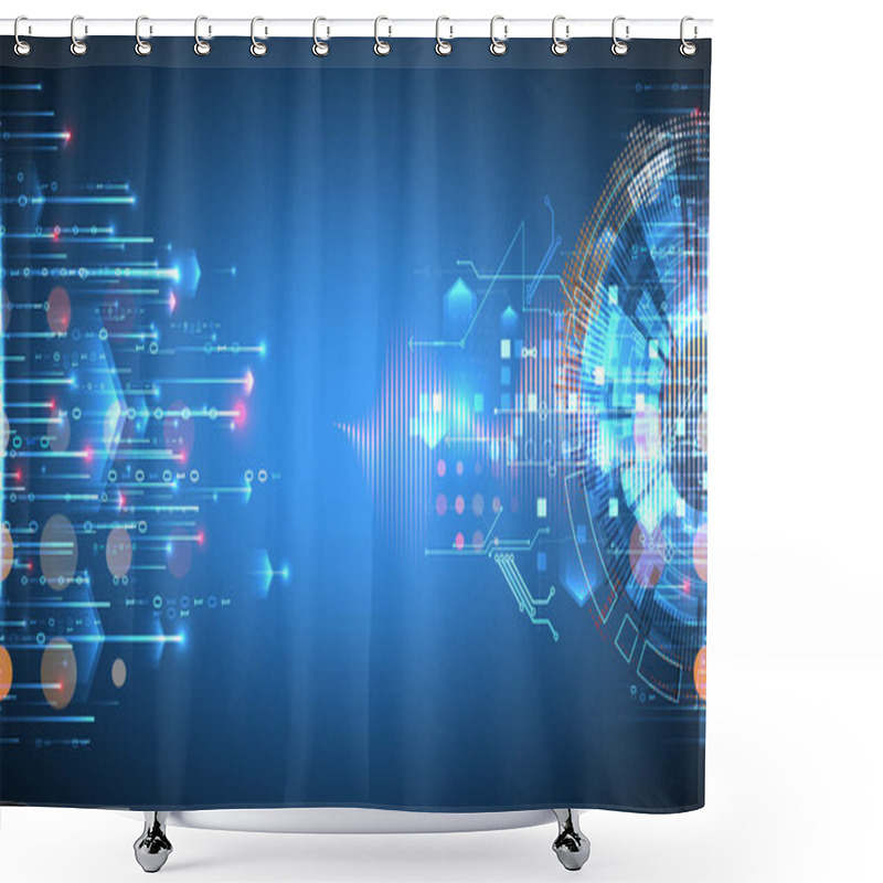 Personality  Data Analysis. Scientific And Technological Background. A Bisected Techno Circle From Which Lines And Numbers Emerge. Hand Made Vector. Shower Curtains