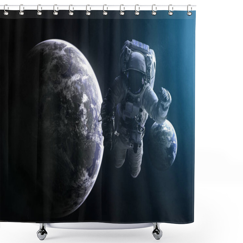 Personality  Astronaut On Background Of Exoplanets In Light Of Blue Star. Abstract Science Fiction. Elements Of The Image Are Furnished By NASA Shower Curtains