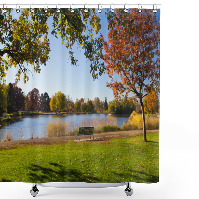 Personality  Park Bench By The Lake In Fall Shower Curtains