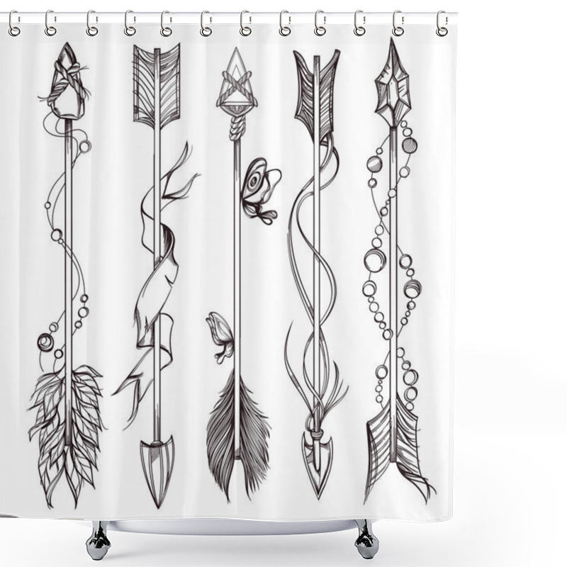 Personality  Set Of Arrows. Decorative Design Element In Boho Style. Outline Vector Illustration Isolated On White Background. Shower Curtains