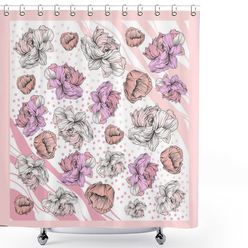 Personality  Colorful Silk Scarf With Flowering Poppy And Peonies. Pink, Violet On White. Batik Technique Shower Curtains