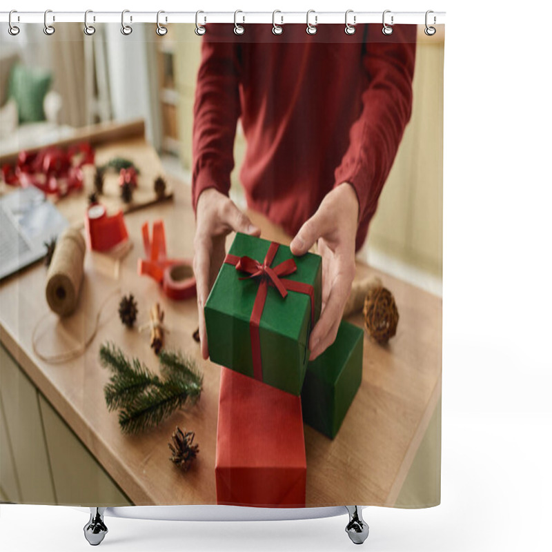 Personality  The Young Man Prepares Vibrant Christmas Gifts Surrounded By Seasonal Decorations And Crafts. Shower Curtains