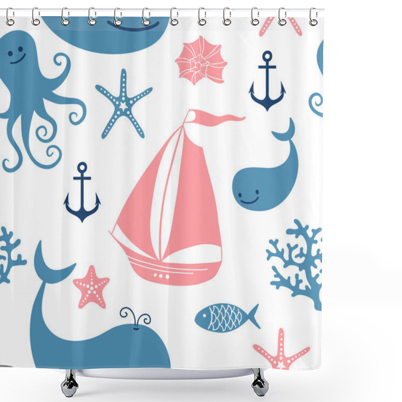 Personality  Seamless Pattern With Cute Whales, Sailing. Shower Curtains