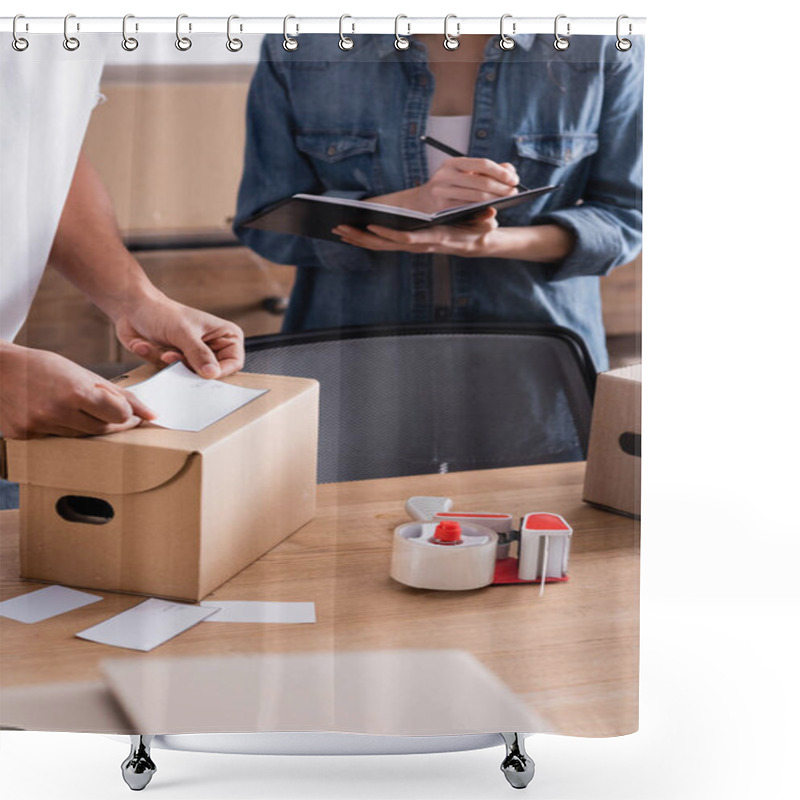 Personality  Cropped View Of African American Seller Applying Shipping Label On Carton Box Near Colleague Writing On Notebook In Online Web Store  Shower Curtains