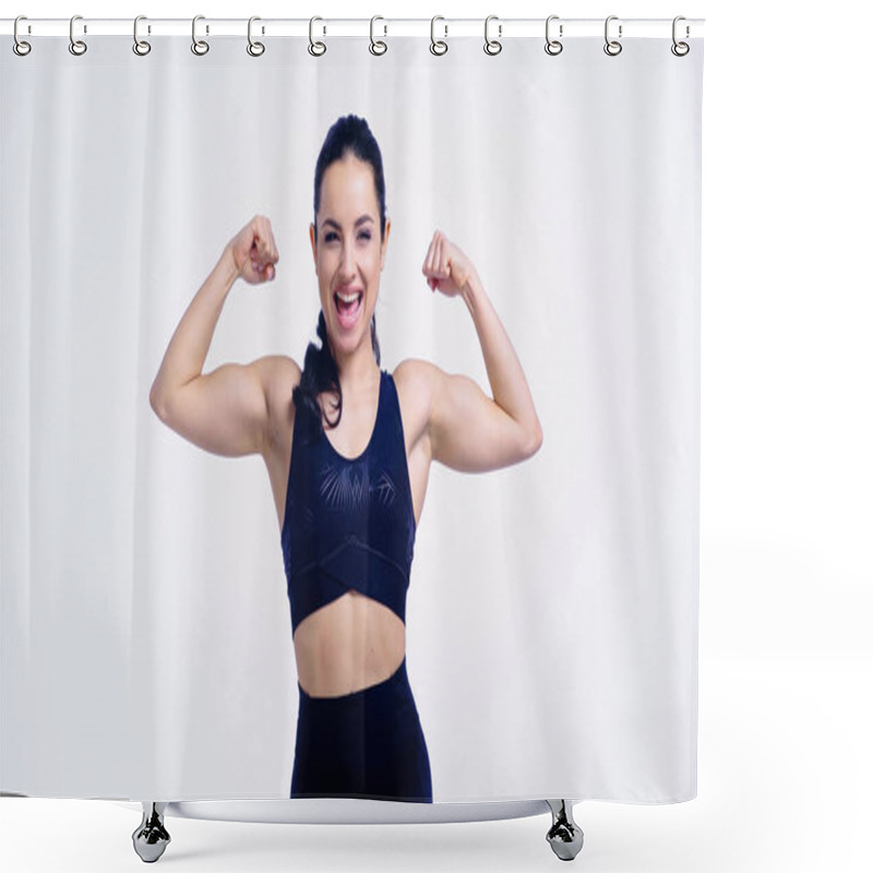 Personality  Cheerful Sportswoman Showing Muscles Isolated On White Shower Curtains