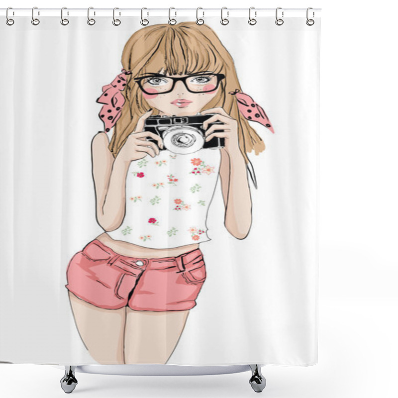 Personality  Girl With Photo Camera And Eyeglasses Shower Curtains