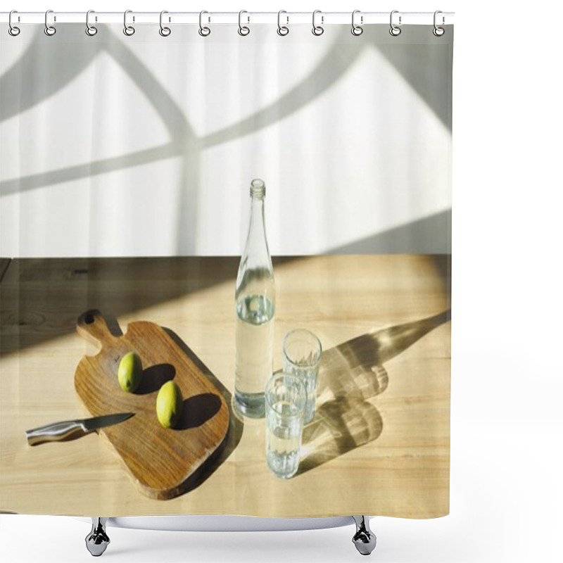 Personality  Mineral Water And Limes For Preparing Lemonade On Wooden Table   Shower Curtains