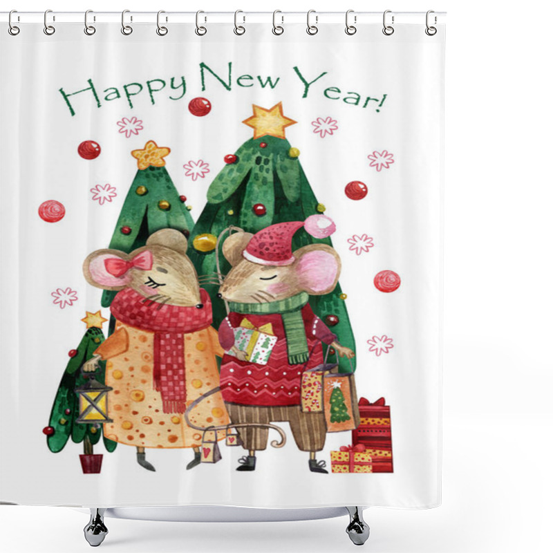 Personality  Watercolor Christmas Card With A Pair Of Mice In Love. Hand-drawn Mice With Gifts In Hands On The Background Of Christmas Trees. Shower Curtains