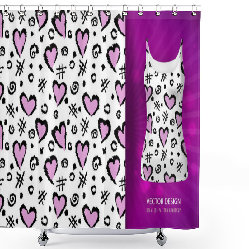 Personality  Abstract Background With A Pattern Of Hearts, A Lattice And Spots. Heart Pattern On Singlet Mock Up. Vector Illustration Drawn By Hand. Shower Curtains