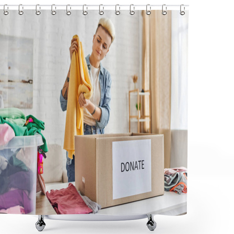 Personality  Young And Stylish Woman In Casual Clothes Standing With Yellow Jumper Near Plastic Container With Garments And Donation Box In Living Room, Sustainable Living And Social Responsibility Concept Shower Curtains