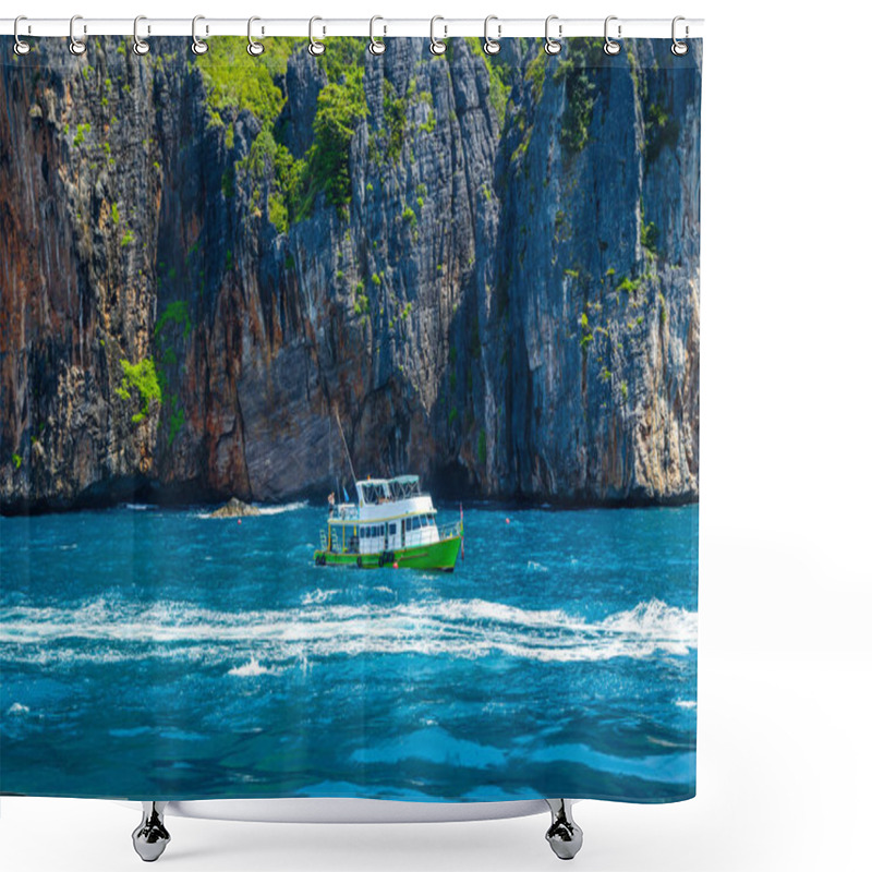 Personality  Touristic Boat Floating By Turquoise Sea Shower Curtains