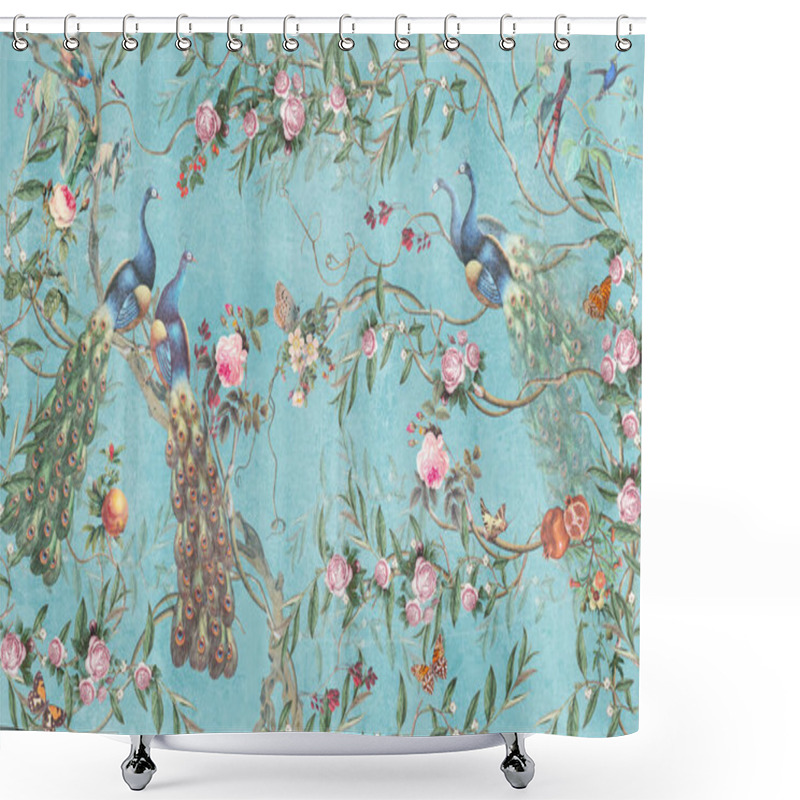 Personality  Vintage Blue Wallpaper With Vegetation, Peonies, Pomegranates, Butterflies And Peacocks Shower Curtains