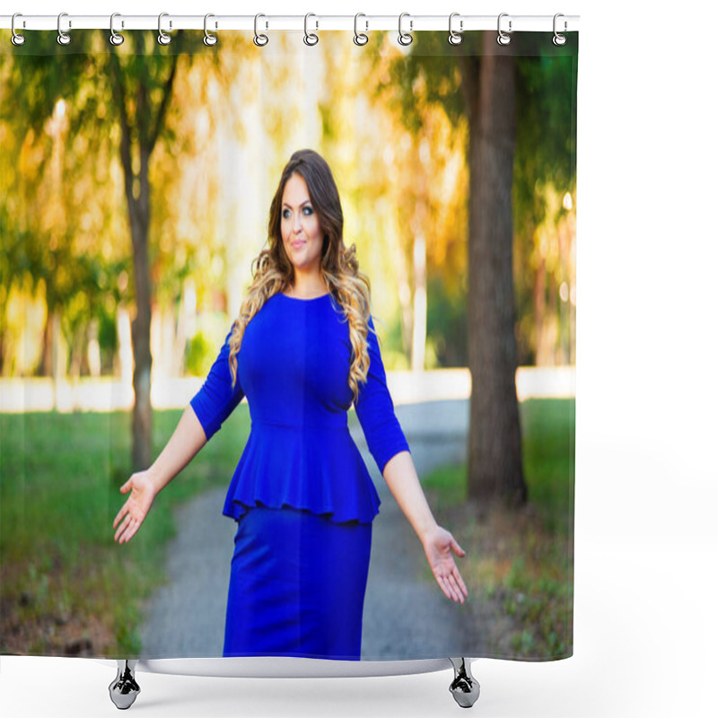 Personality  Happy Plus Size Model In Blue Dress Outdoors, Fat Woman In Autumn Park Among Yellow Leaves, Beauty In Nature Shower Curtains