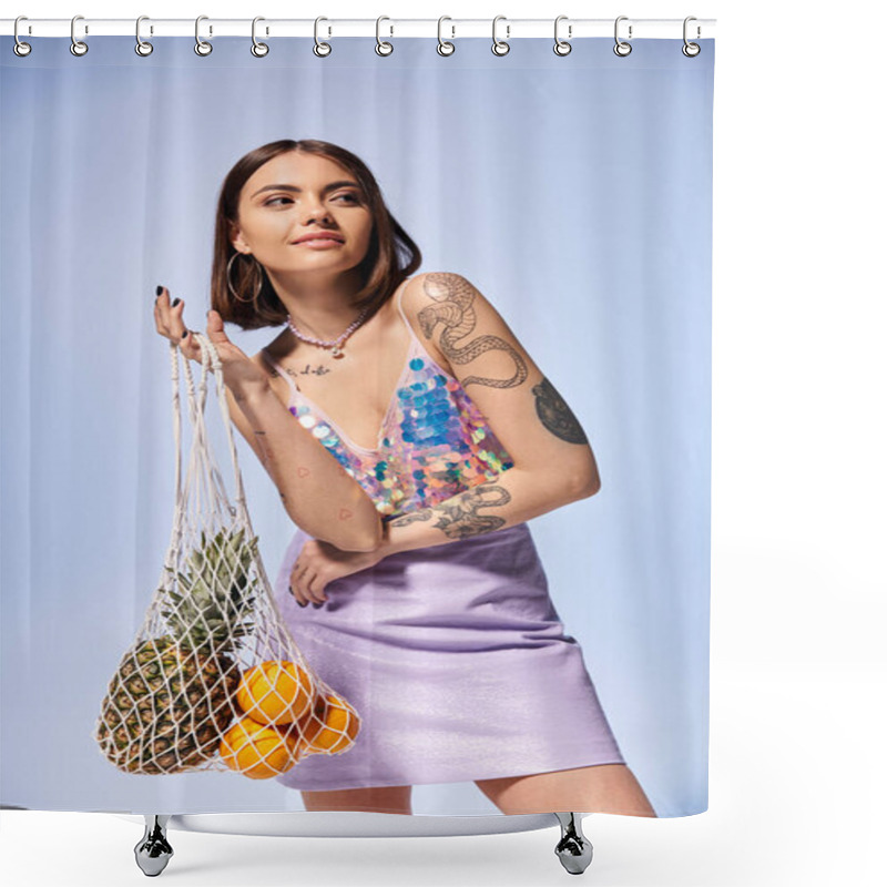 Personality  A Brunette Woman With Tattoos Holds A Bag Filled With An Assortment Of Fresh Fruit, Showcasing A Blend Of Nature And Art. Shower Curtains