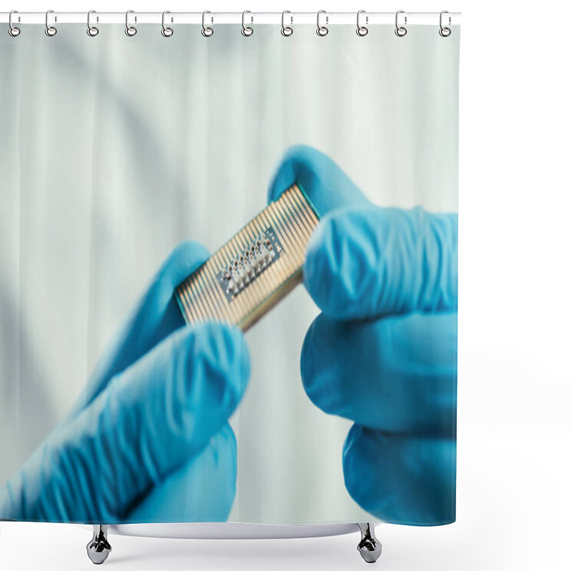 Personality  Cropped View Of Engineer In Rubber Gloves Holding Computer Microchip Shower Curtains