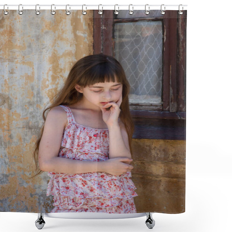 Personality  Adorable Happy Little Girl Outdoors. Portrait Of Caucasian Kid Enjoy Summer. Shower Curtains