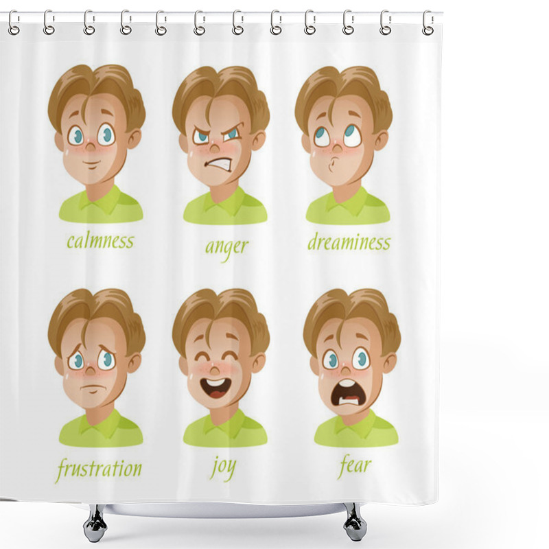 Personality  Boy Kid Avatar Character Expressions Set. Boy, Surprise, Frustration, Anger, Sadness, Calmness, Joy, Fear Shower Curtains